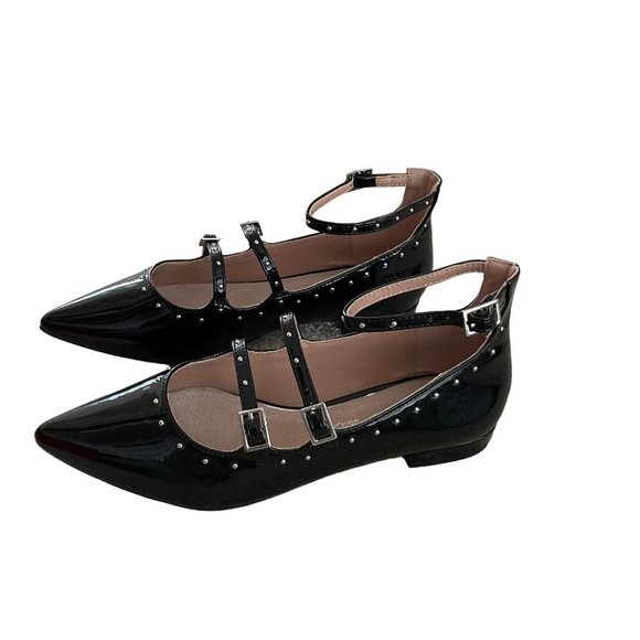 Mariamare Studded Strappy Flats Black 7 Patent Buckle - Picture 2 of 9